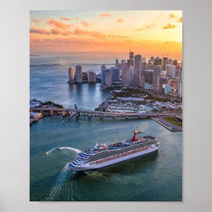Miami Sunset Cruise Ship & Coastal Skyline Citysca Poster