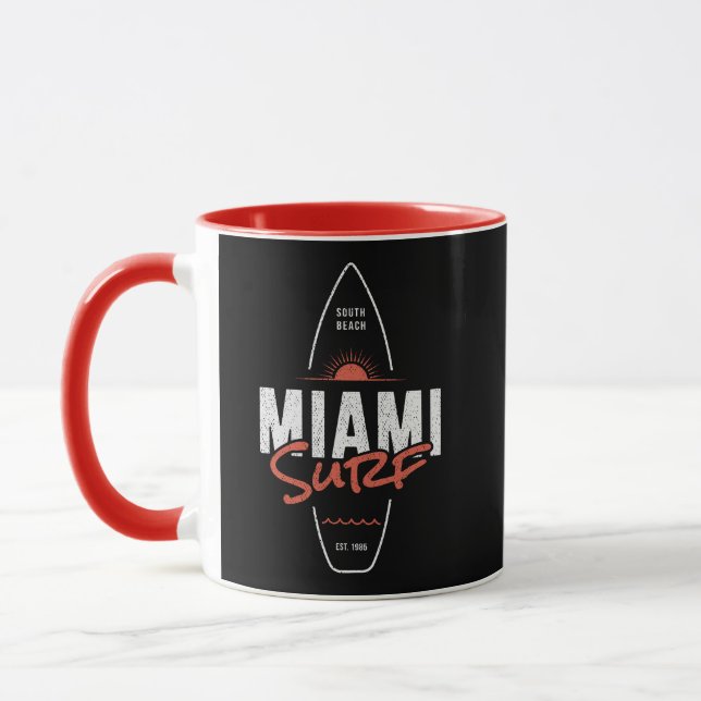 Miami Surf – Vintage Beach Sunset Surfboard Design Mug (Left)