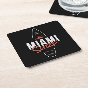 Miami Surf – Vintage Beach Sunset Surfboard Design Square Paper Coaster