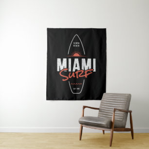 Miami Surf – Vintage Beach Sunset Surfboard Design Tapestry