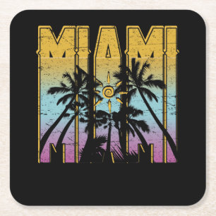Miami Vacation Souvenir - Retro Beach Apparel Square Paper Coaster