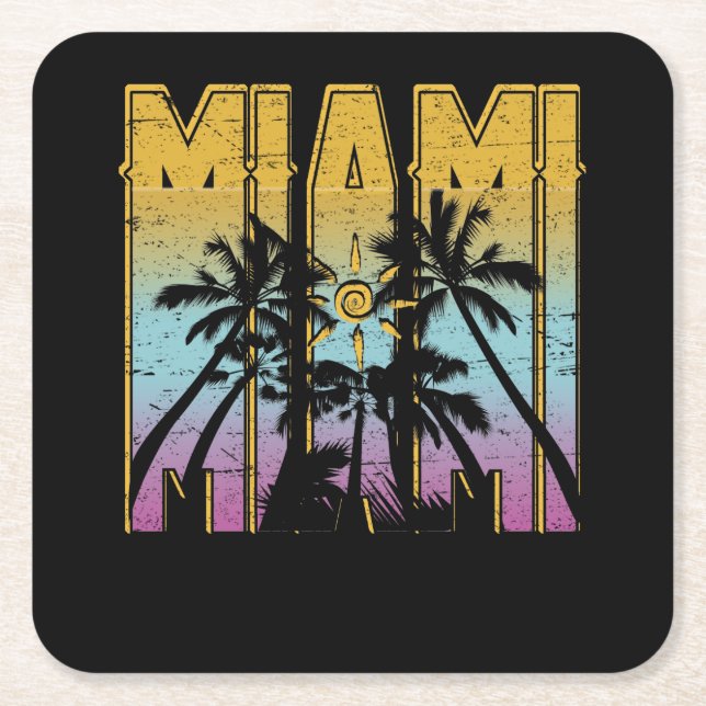 Miami Vacation Souvenir - Retro Beach Apparel Square Paper Coaster (Front)