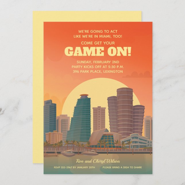 Miami Waterfront Game On Football Party Invitation (Front/Back)