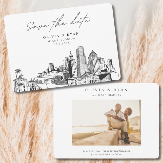 Miami Wedding Skyline Sketch Modern Save the Date  Invitation (Miami wedding save the date)