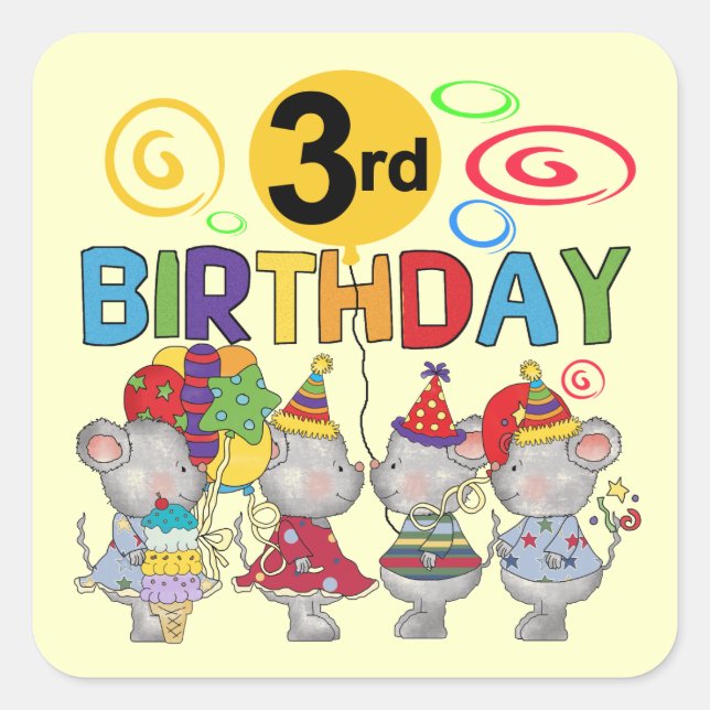 Mice 3rd Birthday T-shirts and Gifts Square Sticker (Front)