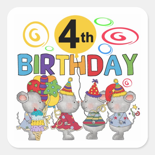 Mice 4th Birthday T-shirts and Gifts Square Sticker (Front)