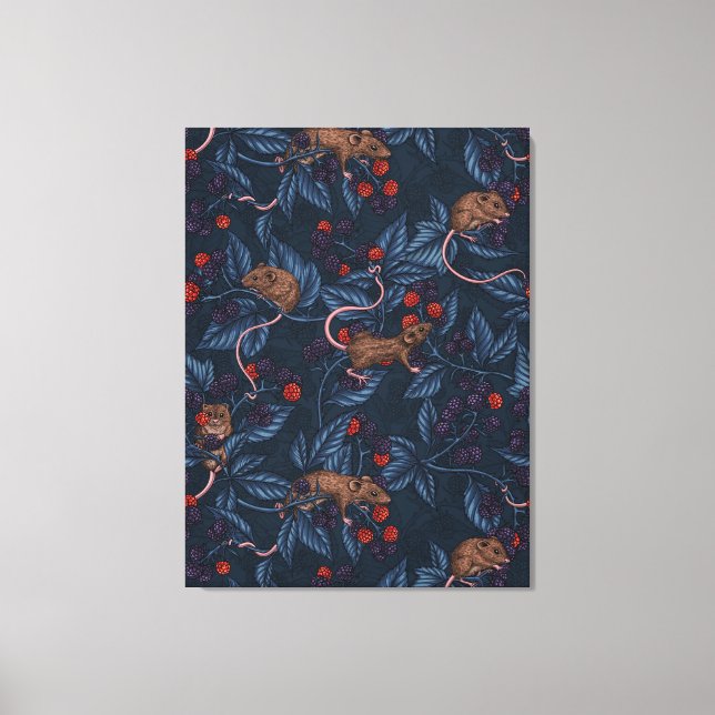 Mice and blackberries on navy canvas print (Front)