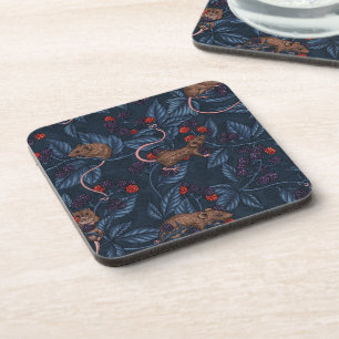 Mice and blackberries on navy coaster