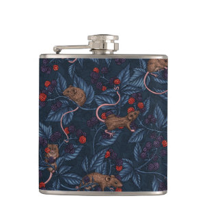 Mice and blackberries on navy hip flask