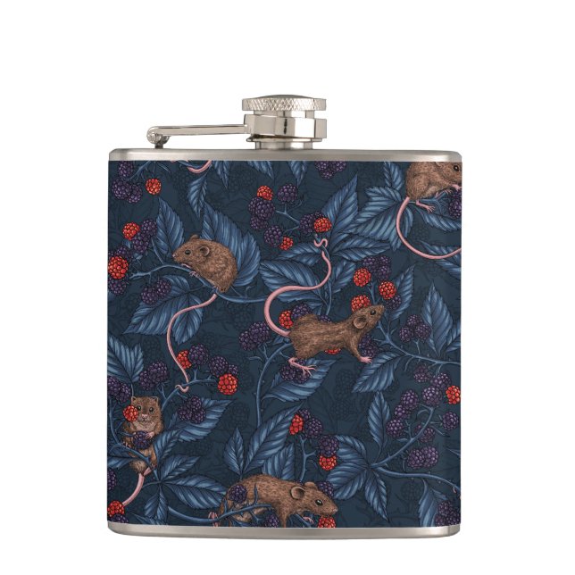 Mice and blackberries on navy hip flask (Front)