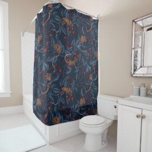 Mice and blackberries on navy shower curtain