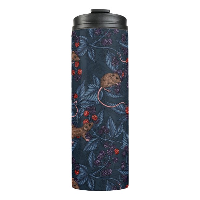 Mice and blackberries on navy thermal tumbler (Front)