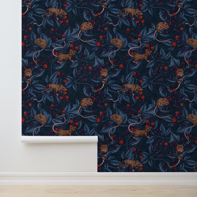 Mice and blackberries on navy wallpaper (Application)