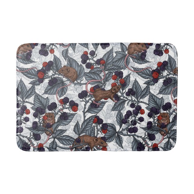 Mice and blackberries on white bath mat (Front)