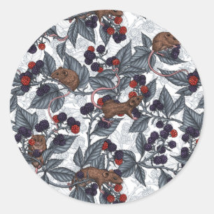 Mice and blackberries on white classic round sticker