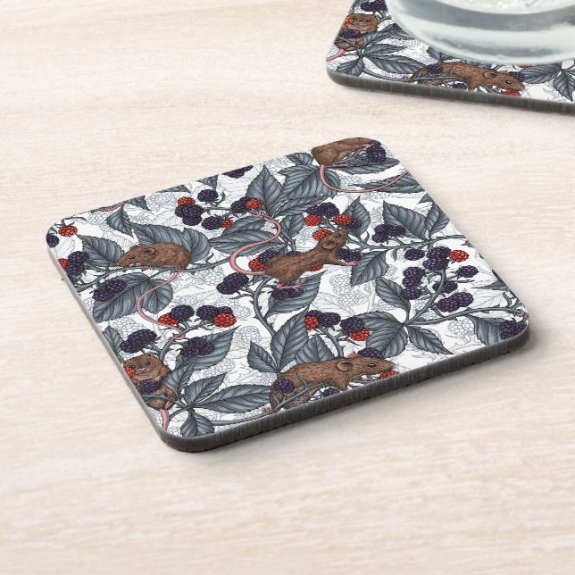 Mice and blackberries on white coaster (Left Side)