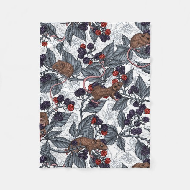 Mice and blackberries on white fleece blanket (Front)