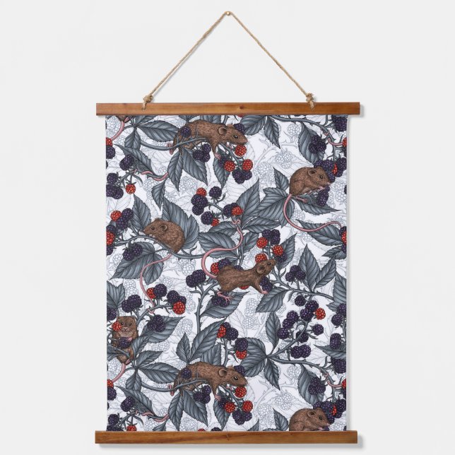 Mice and blackberries on white hanging tapestry (Front)