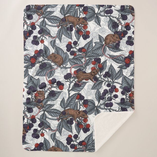 Mice and blackberries on white sherpa blanket (Front)