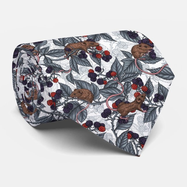Mice and blackberries on white tie (Rolled)