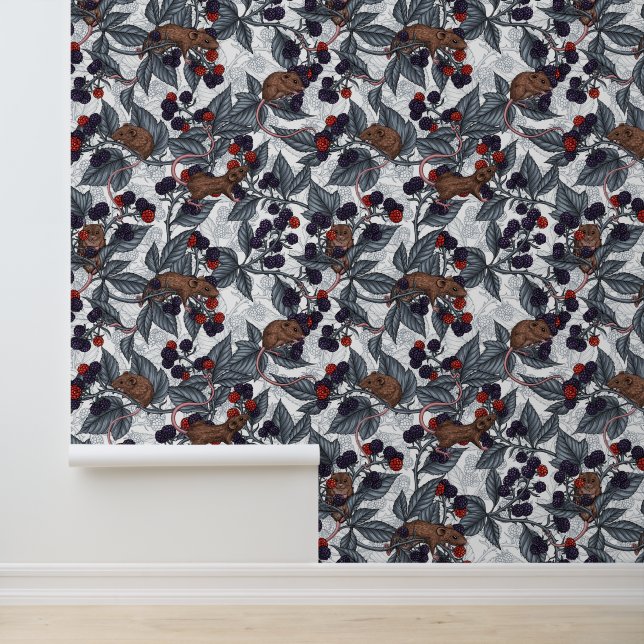 Mice and blackberries on white wallpaper (Application)