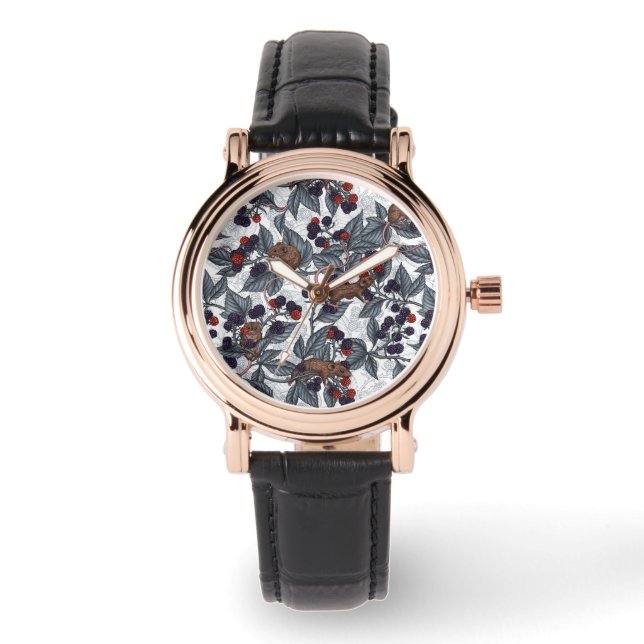 Mice and blackberries on white watch (Front)