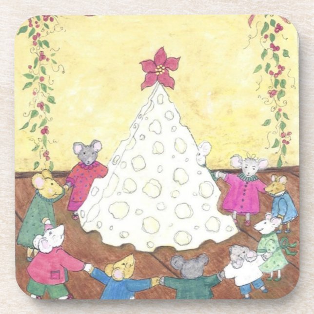 Mice around a Cheese Christmas Tree Coaster (Front)