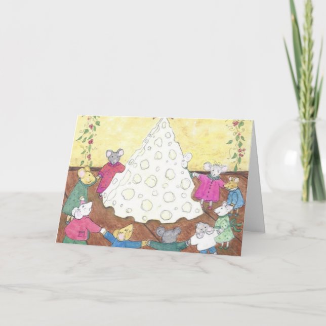 Mice around a Cheese Christmas Tree Holiday Card (Front)