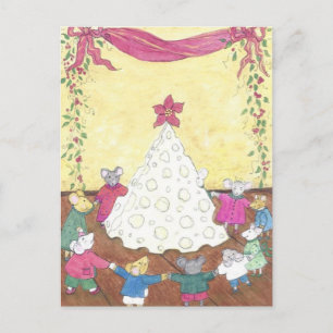 Mice around a Cheese Christmas Tree Holiday Postcard