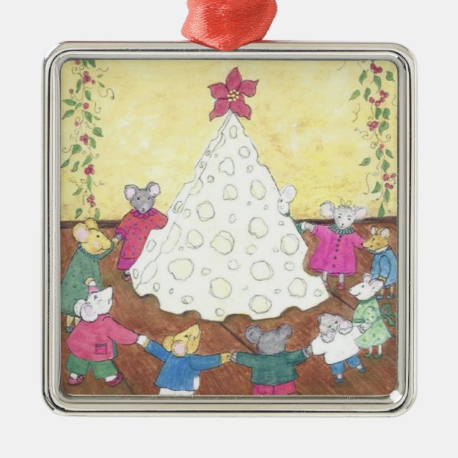 Mice around a Cheese Christmas Tree Metal Tree Decoration (Front)