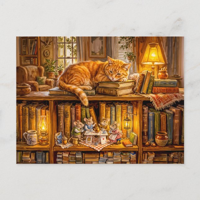 Mice Coffee Gathering in Bookshelf Postcard (Front)