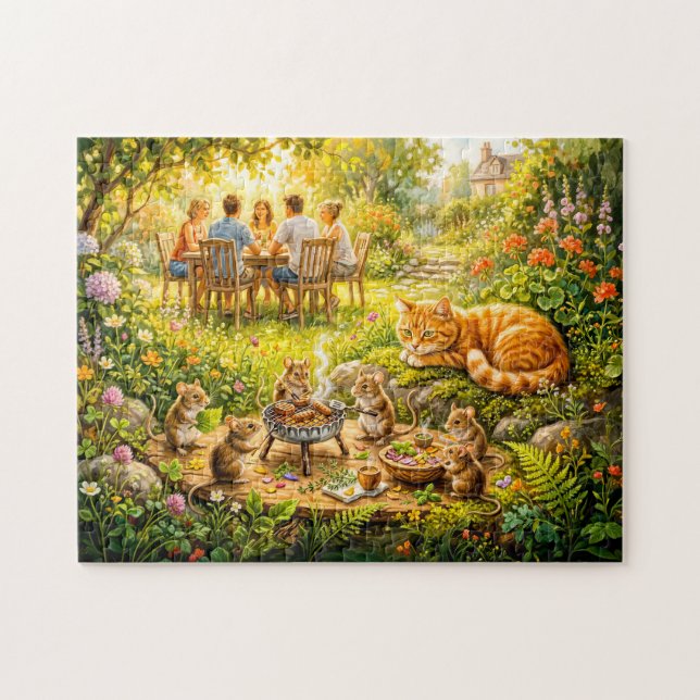 Mice Garden BBQ With Watching Cat Jigsaw Puzzle (Horizontal)