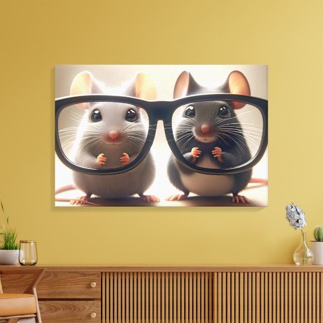 Mice Peering From Behind Black Eyeglasses Canvas Print (Insitu(LivingRoom))