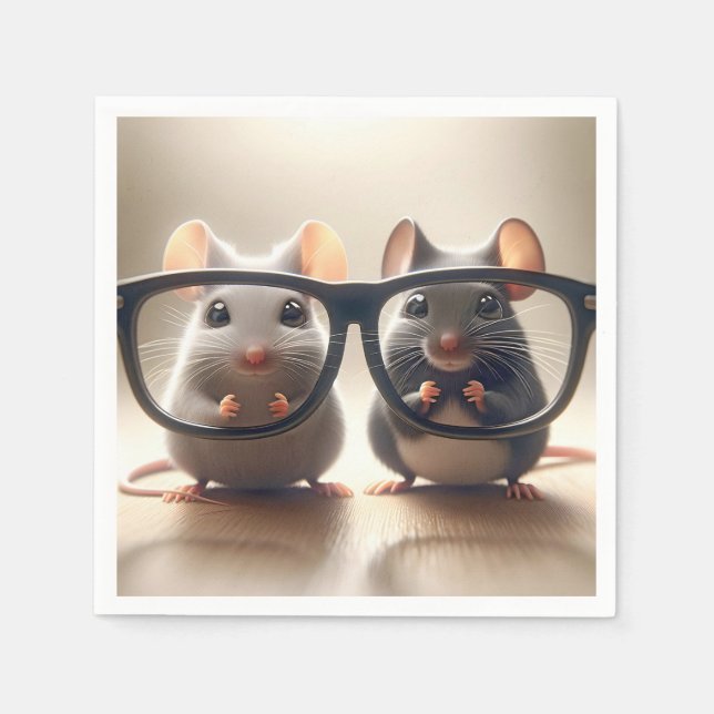 Mice Peering From Behind Black Eyeglasses Napkin (Front)