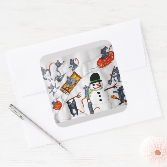 MICE PLAYING IN THE SNOW SQUARE STICKER (Envelope)
