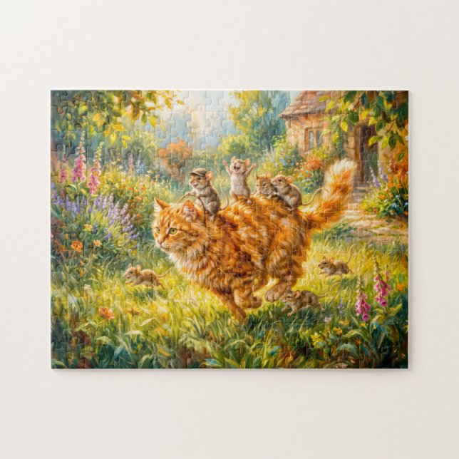 Mice Riding Cat Through Garden Jigsaw Puzzle (Horizontal)