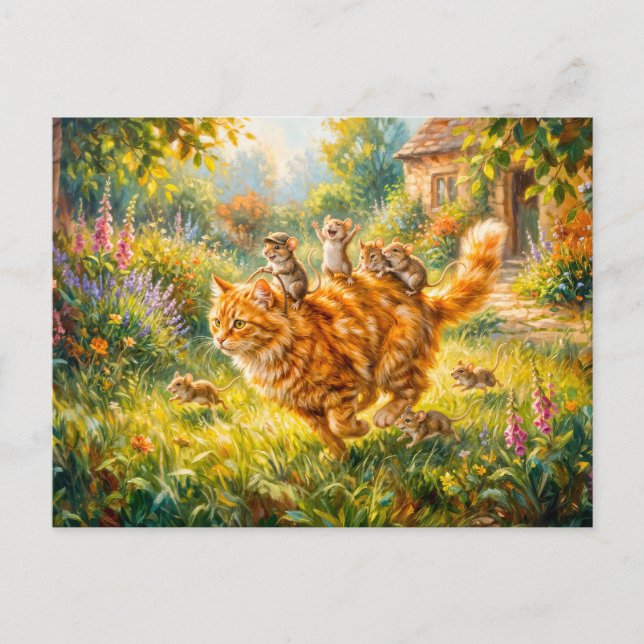 Mice Riding Cat Through Garden Postcard (Front)