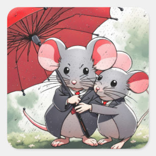 Mice Under a Red Umbrella Square Sticker