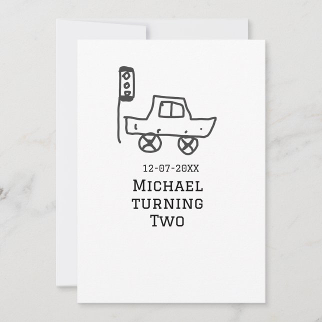 Michael turning two birthday toy car traffic light invitation (Front)