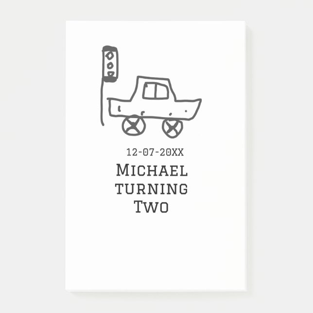 Michael turning two birthday toy car traffic light post-it notes (Front)