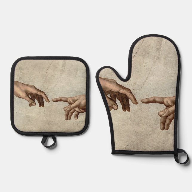 Michaelangelo hands creation adam god oven mitt & pot holder set (Front)
