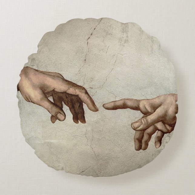 Michaelangelo hands creation adam god round cushion (Front)