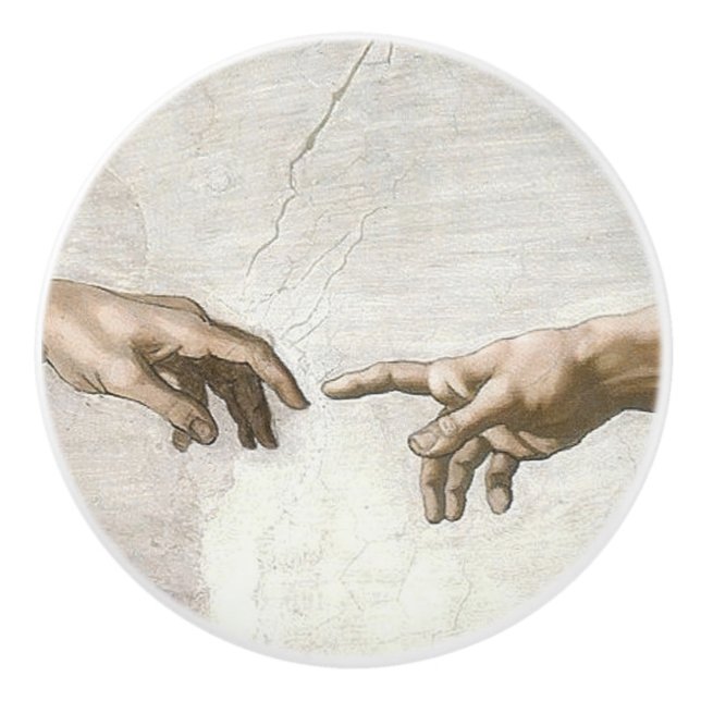 Michelangelo Creation of Adam Hands Fine Art Ceramic Knob (Front)