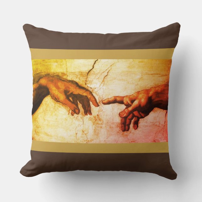 Michelangelo hands vintage art on brown cushion (Front)