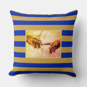 Michelangelo hands vintage art on golden & blue cushion