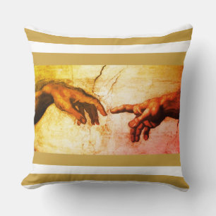 Michelangelo hands vintage art on golden & white cushion