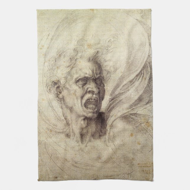 Michelangelo's Damned Soul, Head of a Man Tea Towel (Vertical)