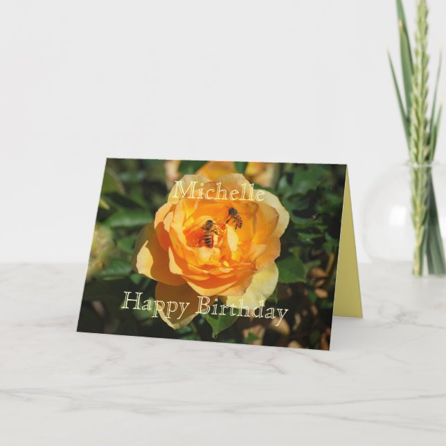 Michelle Happy Birthday Yellow Rose With Honeybees Card (Front)