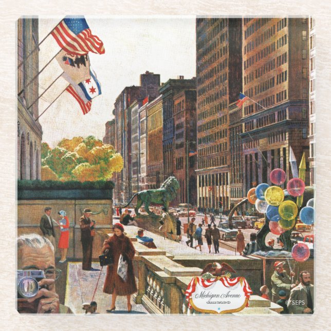 Michigan Avenue, Chicago by John Falter Glass Coaster (Front)