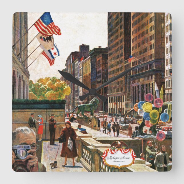 Michigan Avenue, Chicago by John Falter Square Wall Clock (Front)